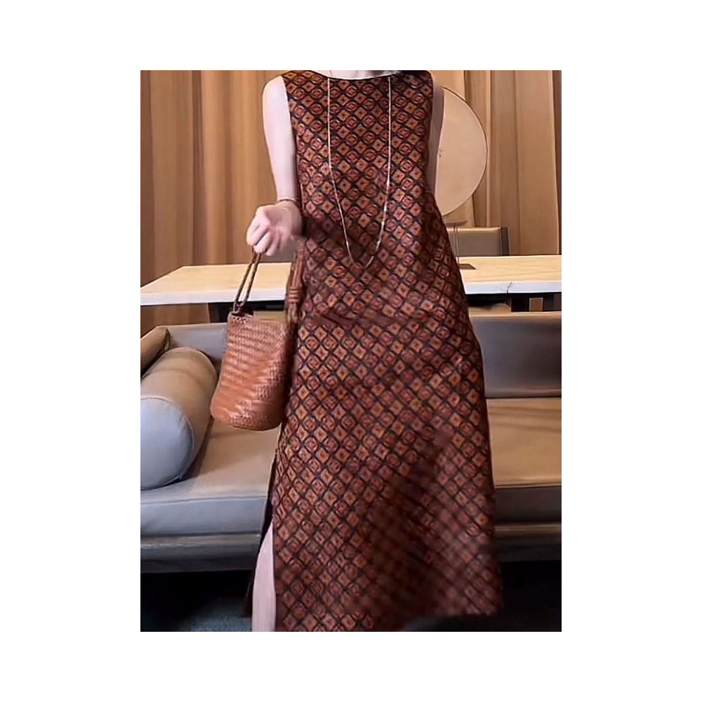 Chinese style high end Song brocade dress for women in the summer of 2025 new coffee color sleeveless vest high end feeling light mature long skirt image 0