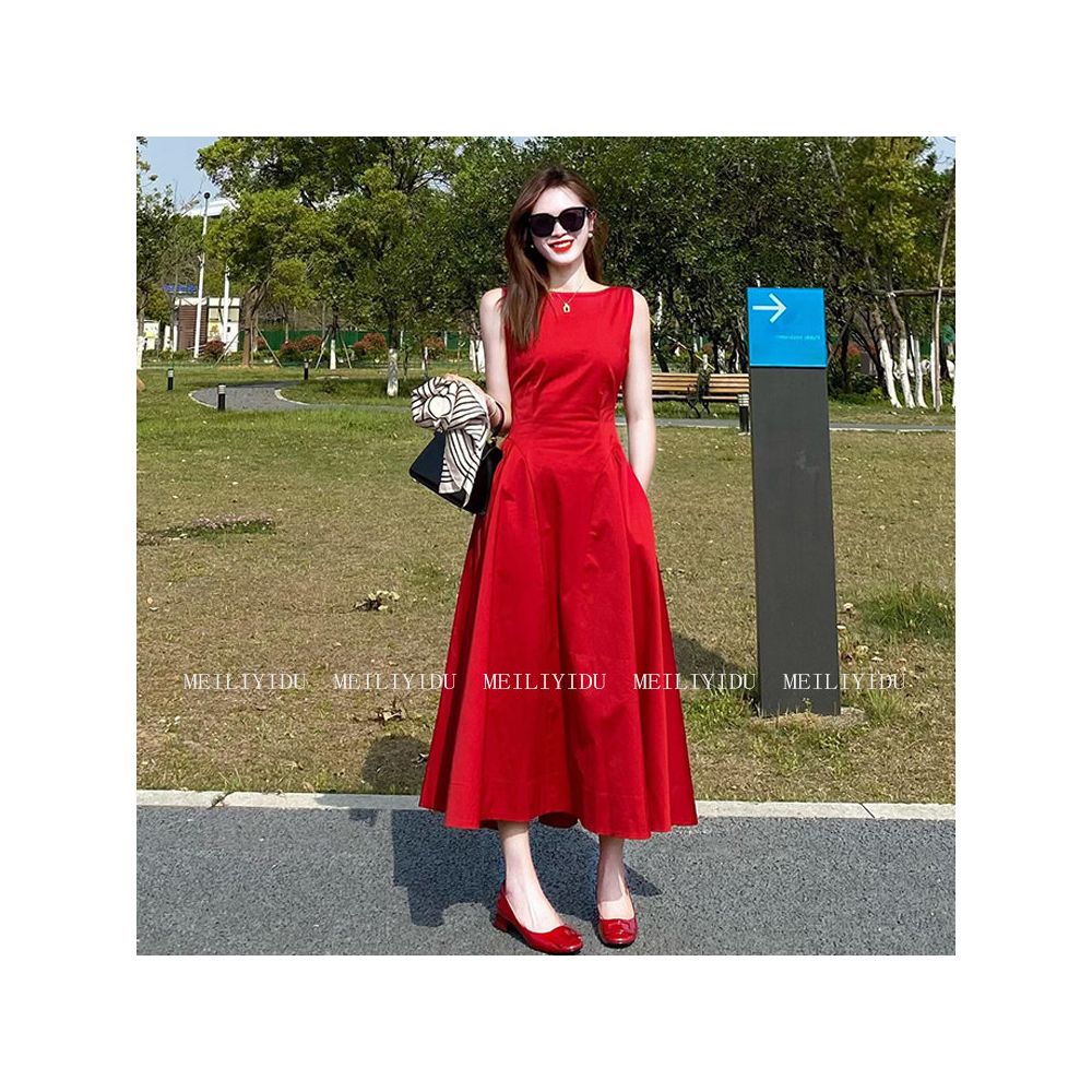 MLYD Customized Large Size French Style Red Sleeveless Western Dress with High Grade Collection Waist Mid length Edition Engagement Dress image 2