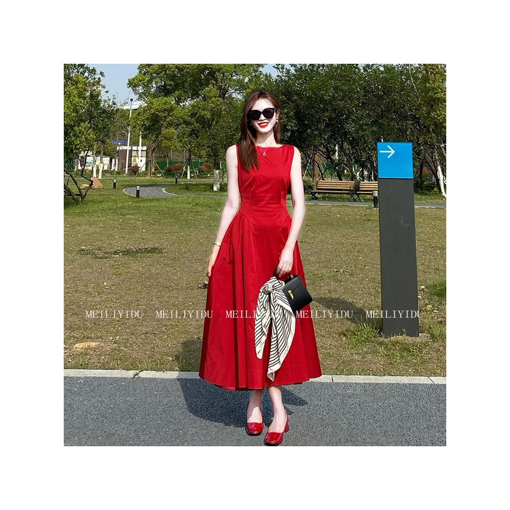 MLYD Customized Large Size French Style Red Sleeveless Western Dress with High Grade Collection Waist Mid length Edition Engagement Dress image 5