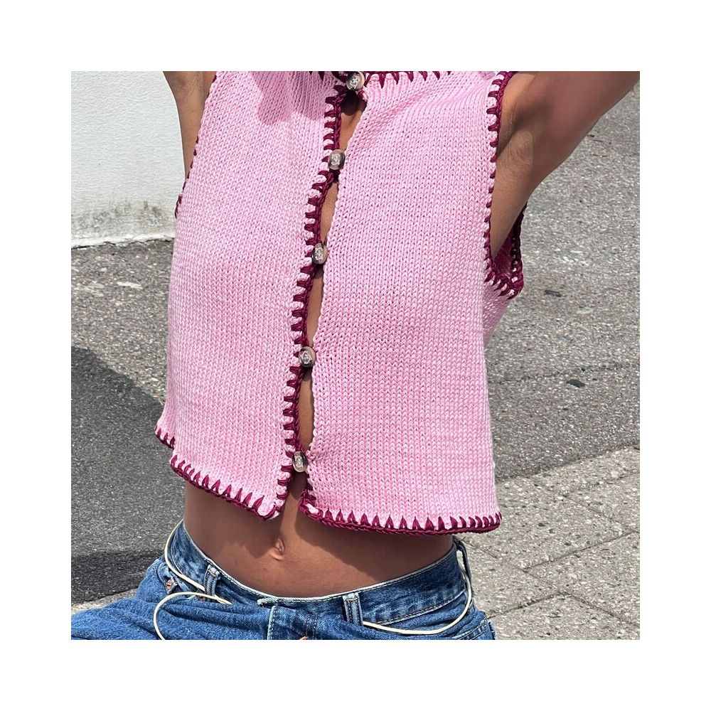 Wildgirl autumn new item contrasting color ultra short woolen edge wrapped small vest embroidered vest top women s clothing image 1
