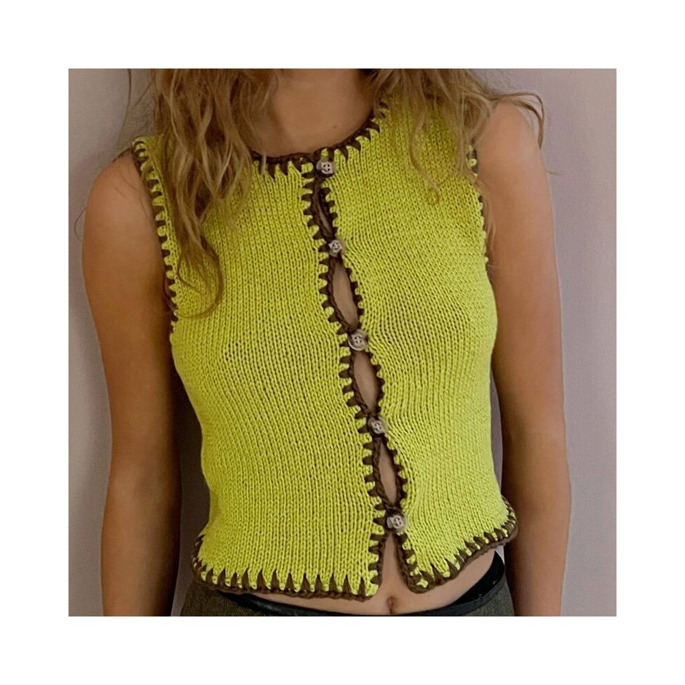 Wildgirl autumn new item contrasting color ultra short woolen edge wrapped small vest embroidered vest top women s clothing image 2