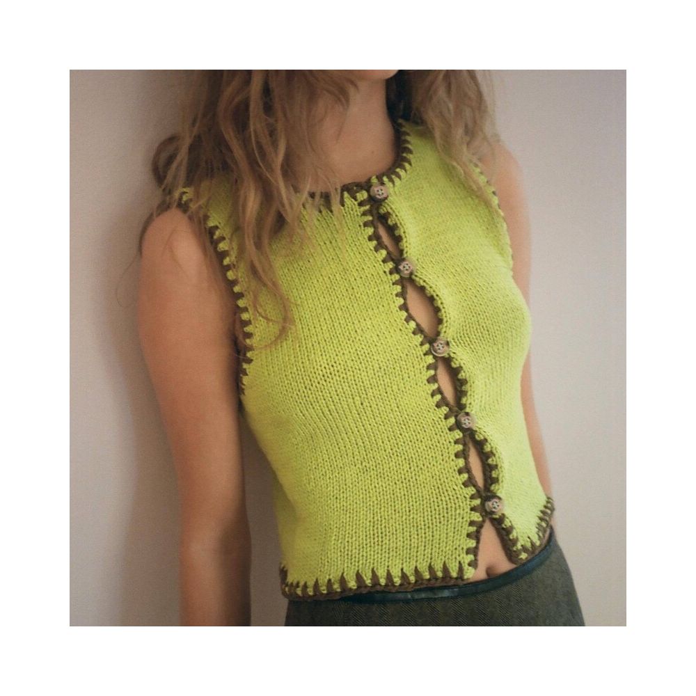 Wildgirl autumn new item contrasting color ultra short woolen edge wrapped small vest embroidered vest top women s clothing image 5