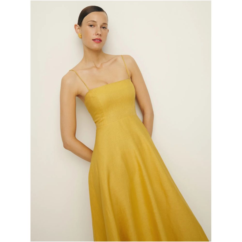 Inhee Homemade Elegant Classic Sunshine Sunflower Flat Mouth Thin Shoulder Strap Waist Large Skirt Linen Dress image 4
