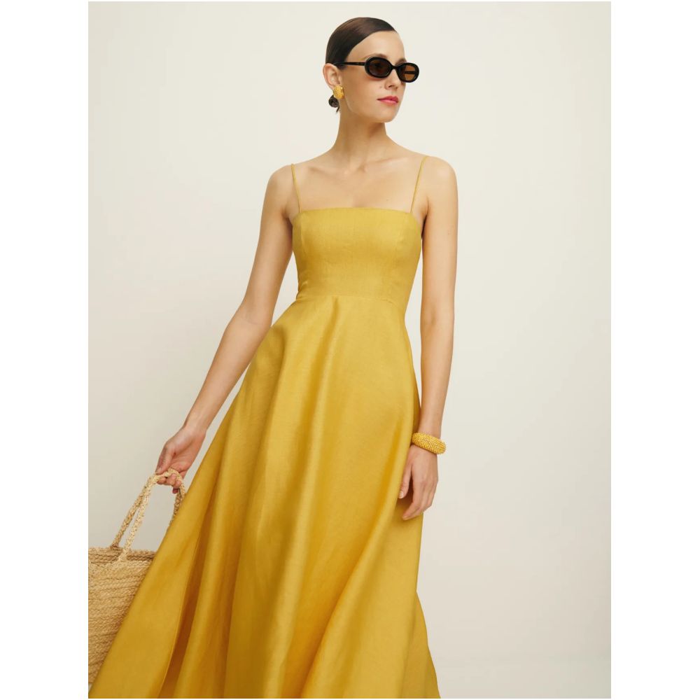 Inhee Homemade Elegant Classic Sunshine Sunflower Flat Mouth Thin Shoulder Strap Waist Large Skirt Linen Dress image 0