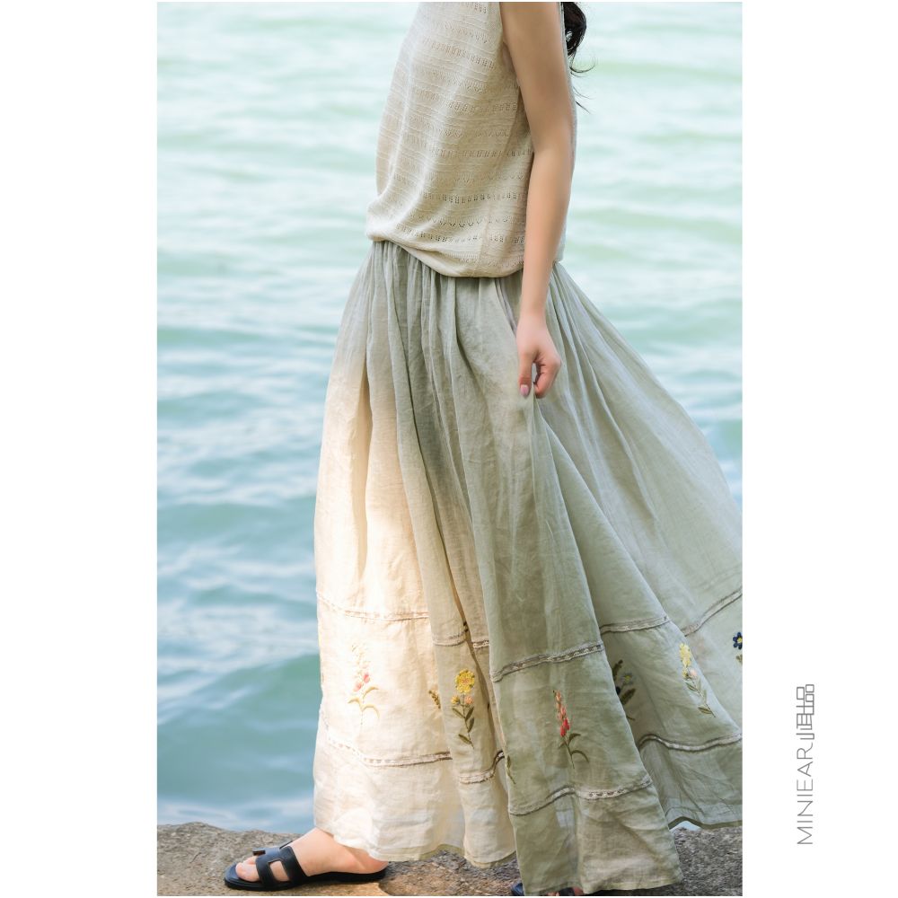 Xiao Er s 100 Ramie Lined Herbal Embroidered Retro Forest Style Artistic Versatile Strap Skirt image 1