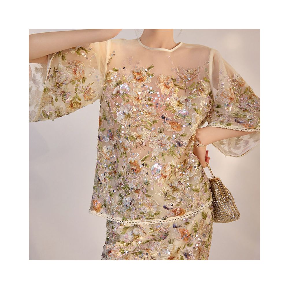 Tangdou Gaoding Tangli Yingxue Guofeng Flower Embroidery Heavy Industry Shining Short Sleeve High Waist Half Skirt Light Luxury Retro Style image 2