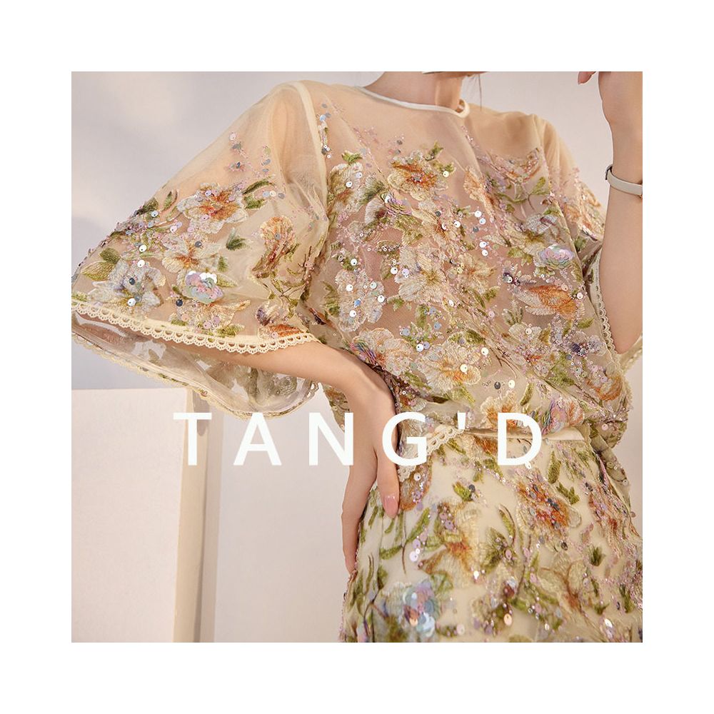 Tangdou Gaoding Tangli Yingxue Guofeng Flower Embroidery Heavy Industry Shining Short Sleeve High Waist Half Skirt Light Luxury Retro Style image 0