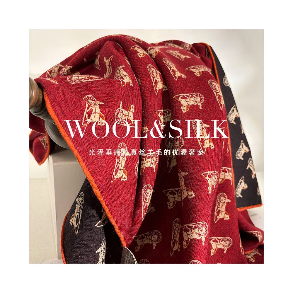 Italian red and black carriage Luxury silk and wool scarf versatile for women in spring and autumn multifunctional silk and wool square scarf shawl image 1
