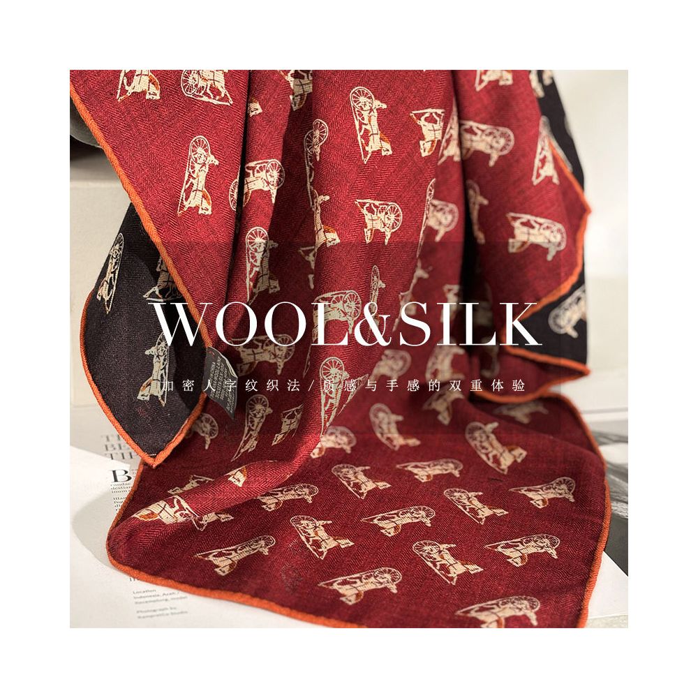 Italian red and black carriage Luxury silk and wool scarf versatile for women in spring and autumn multifunctional silk and wool square scarf shawl image 2