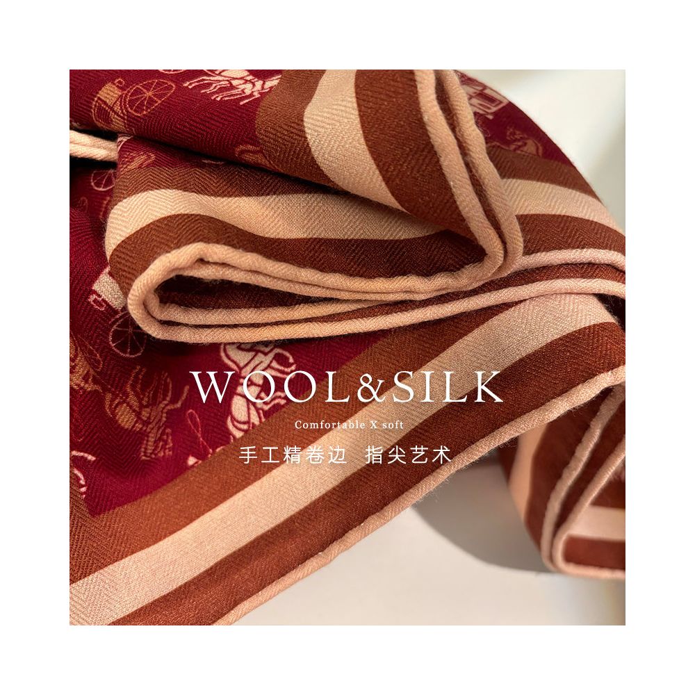 French style Anke pulled the red carriage Advanced silk wool scarf for women s spring and autumn warm silk wool square scarf shawl image 2