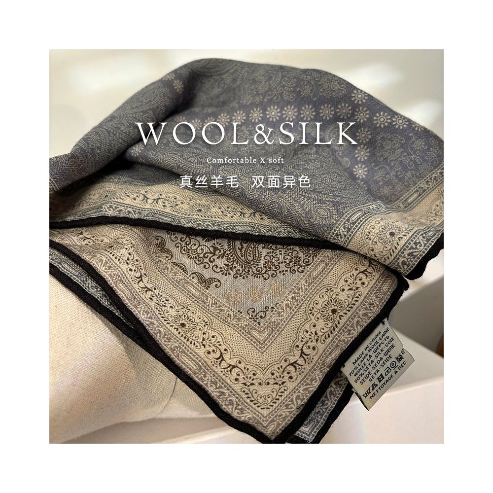 Paisley Old Money Wind Light luxury double sided silk wool scarf for women in spring and autumn silk wool square scarf decorative scarf dual use image 2