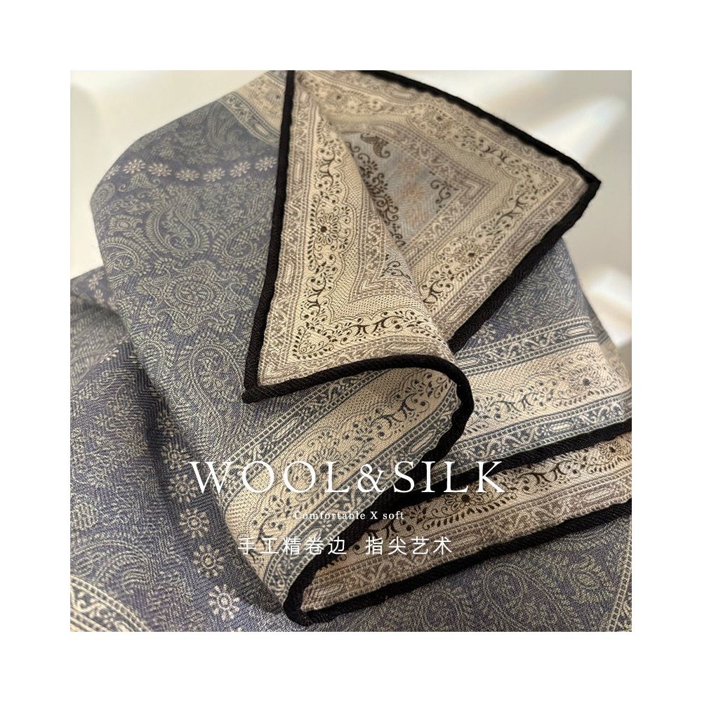 Paisley Old Money Wind Light luxury double sided silk wool scarf for women in spring and autumn silk wool square scarf decorative scarf dual use image 4
