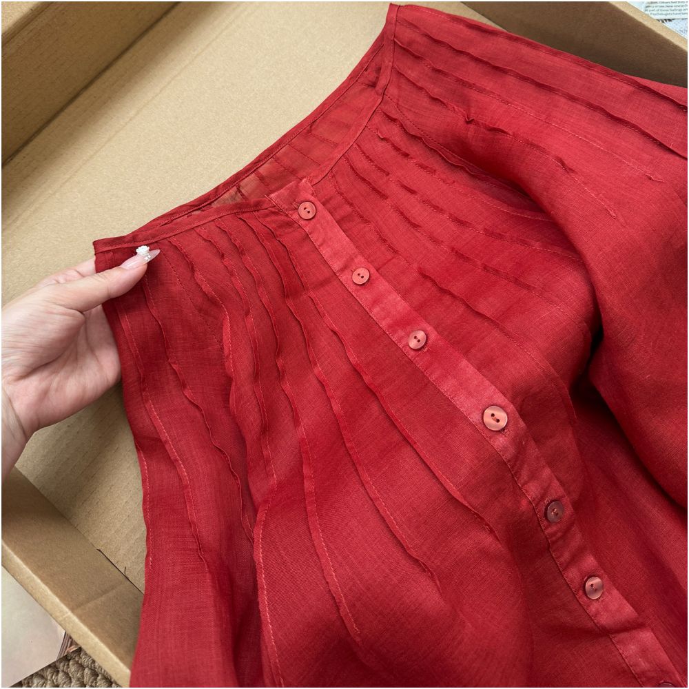 CHAO level recommendation Extremely white Retro red patchwork wrinkled loose and slimming ramie shirt top for women image 2