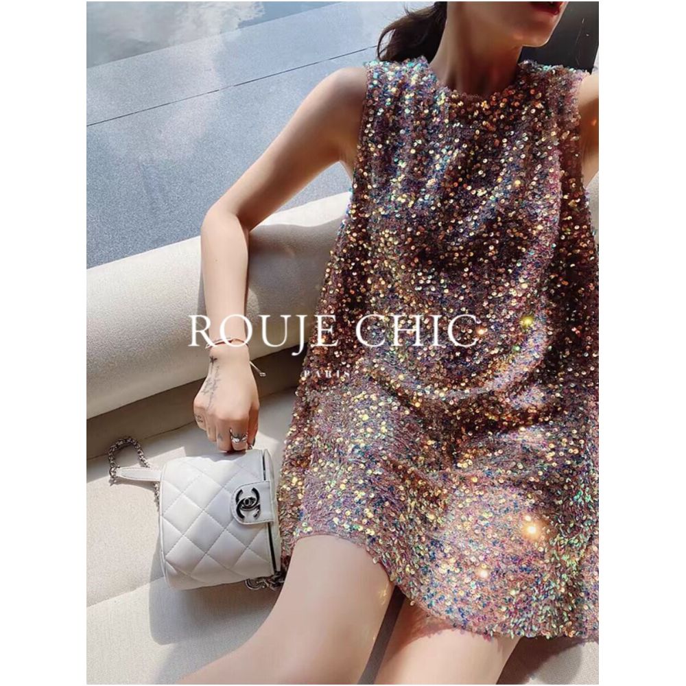 Rouje Chic French style versatile loose fitting sequined sleeveless dress for women summer A line skirt image 0