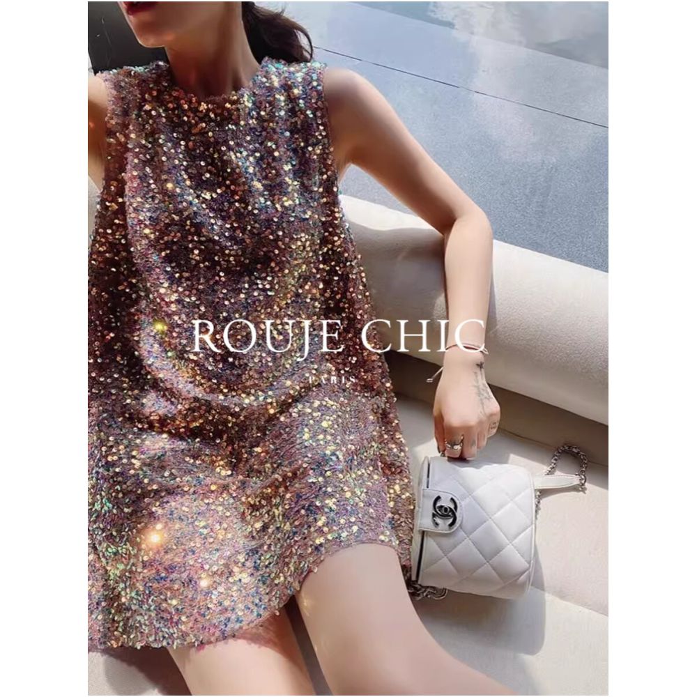 Rouje Chic French style versatile loose fitting sequined sleeveless dress for women summer A line skirt image 3