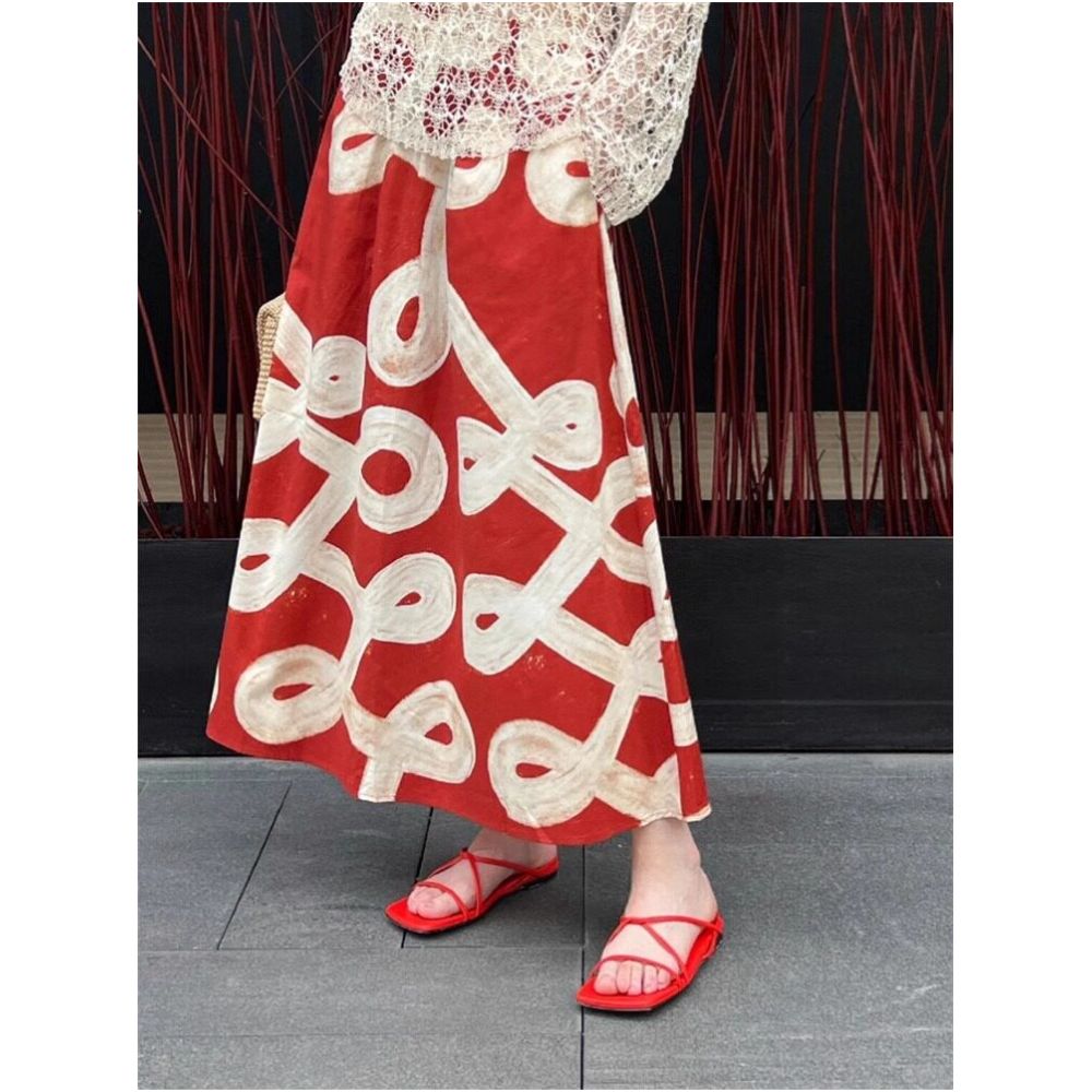 Rouje Kefss Retro Half length Skirt for Women with Elastic Waist Medium length A line Umbrella Skirt Hand drawn Printed Vacation Style Skirt image 3