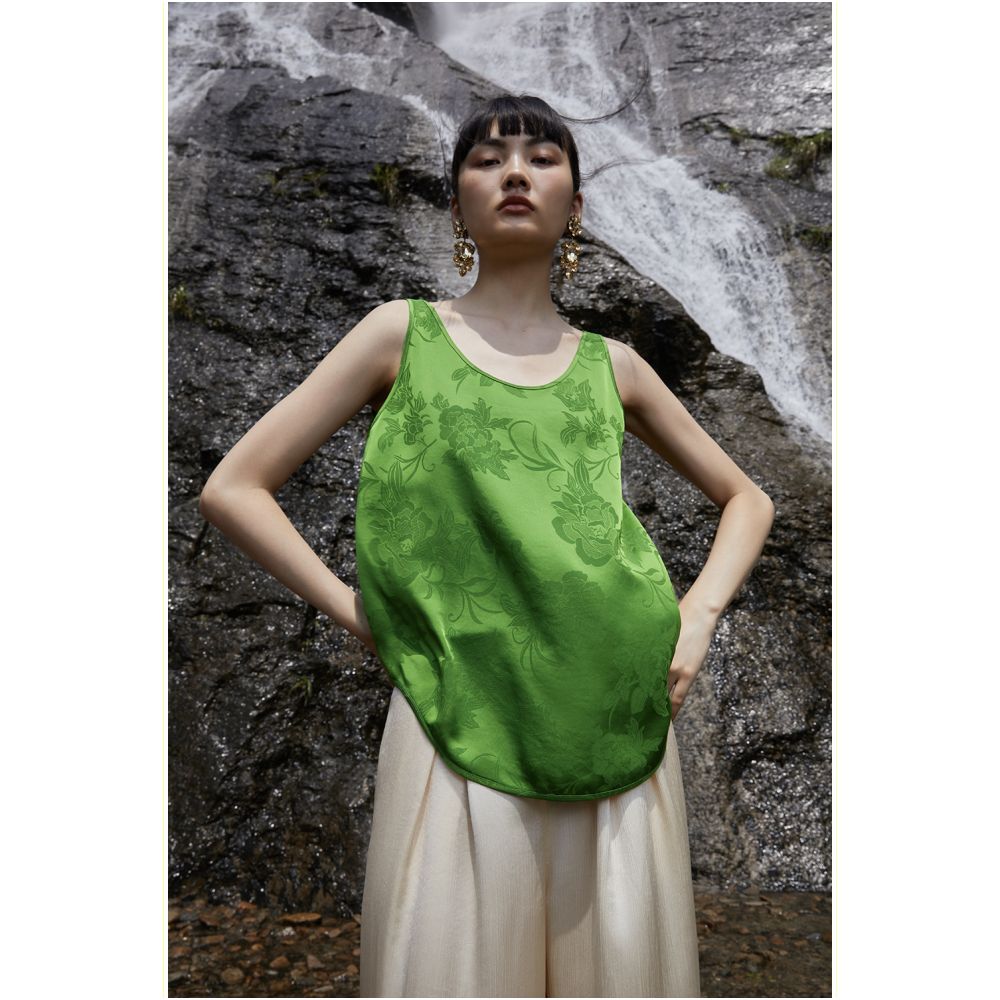 PaleBlueDot Summer Fashion Designer Forest Green Acetate Jacquard U neck Tank Top Strap image 0