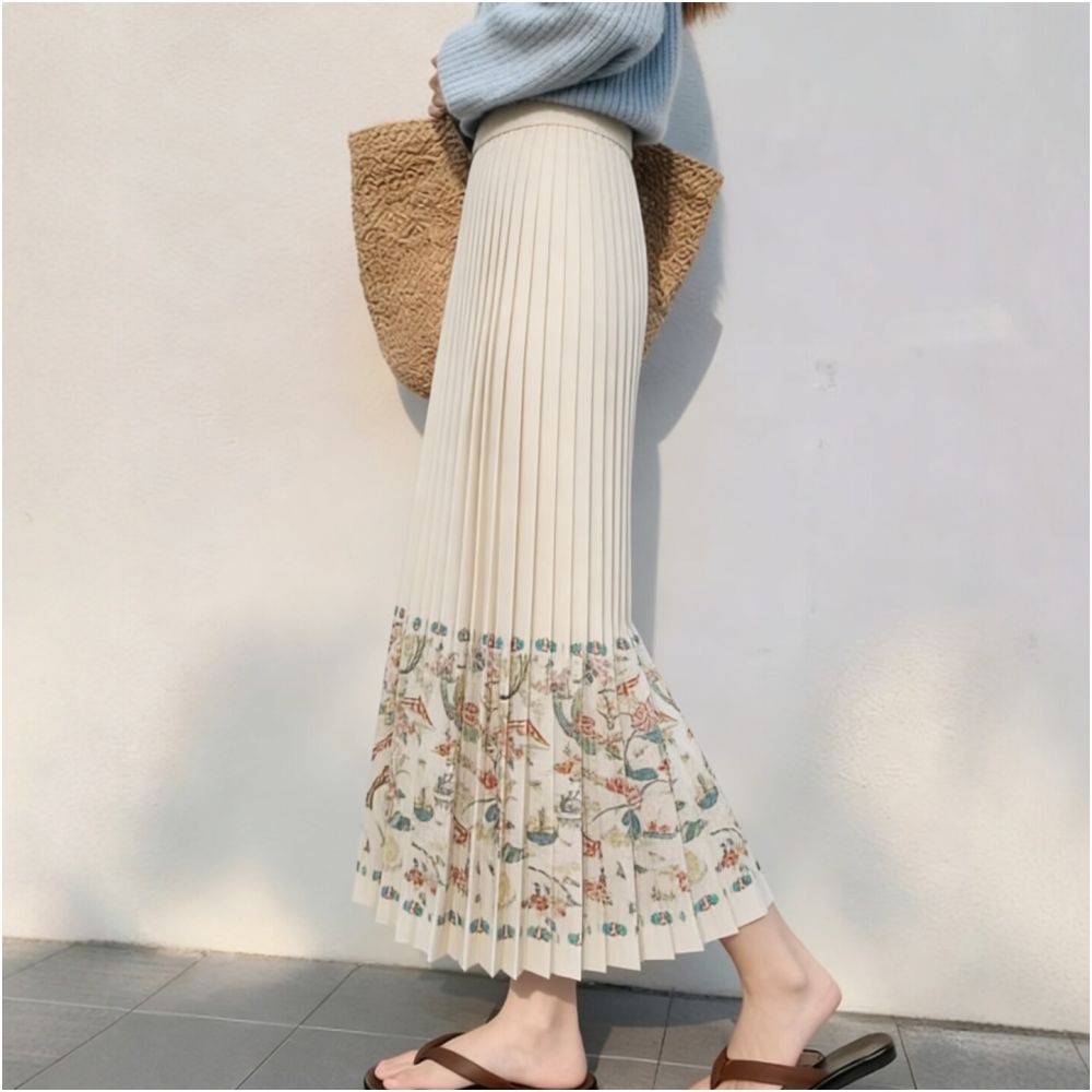 Spot rice white Chinese style pleated skirt with retro Chinese pattern printing hanging pleated hem covering commuting style image 3