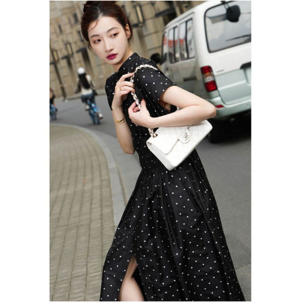 2025 new French style Kikyo Hepburn style small black dress with high end black polka dot dress for women s summer long dress image 1