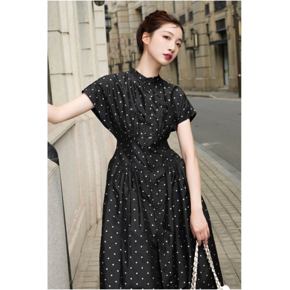 2025 new French style Kikyo Hepburn style small black dress with high end black polka dot dress for women s summer long dress image 2
