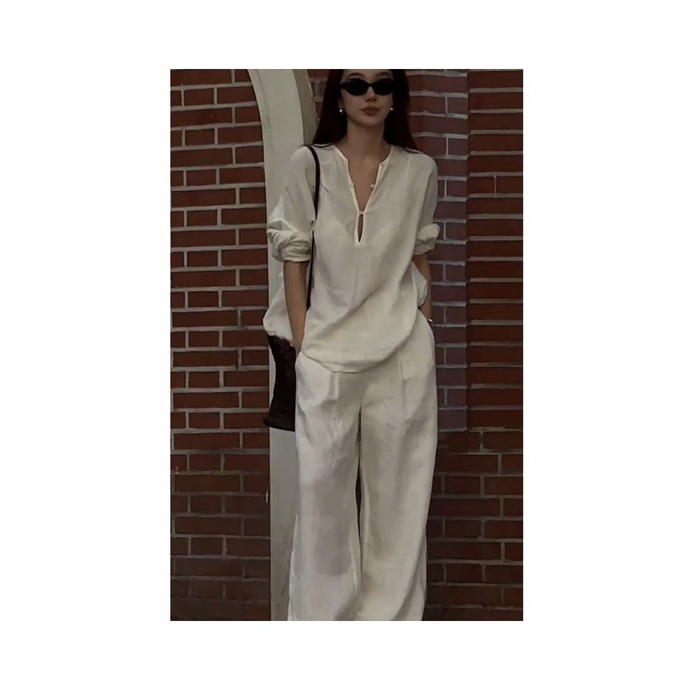Cotton and linen women s high end set casual sports white shirt for spring and summer fashion simple temperament linen loose feeling wearing style image 2