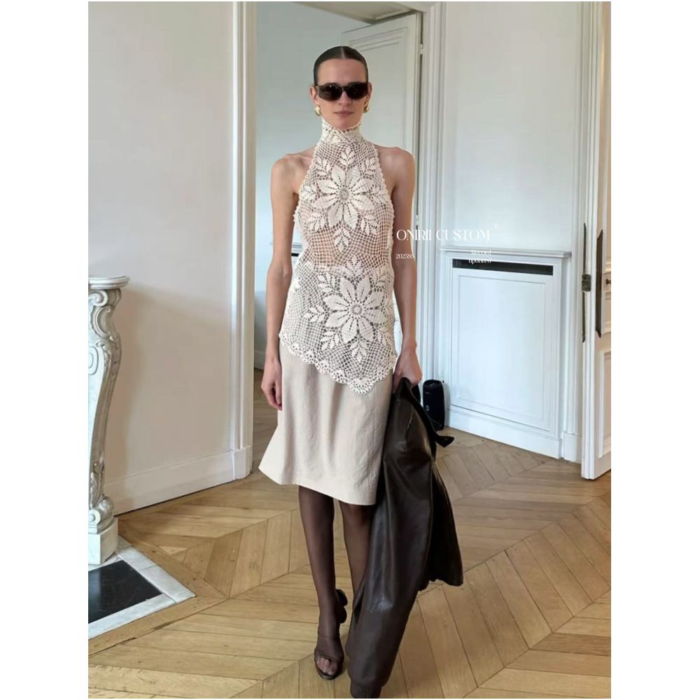ONIRII 7 24 Correct Edition Magda Handmade Flower Crochet Hook Knitted Half High Neck Tank Top Two Piece Set image 0