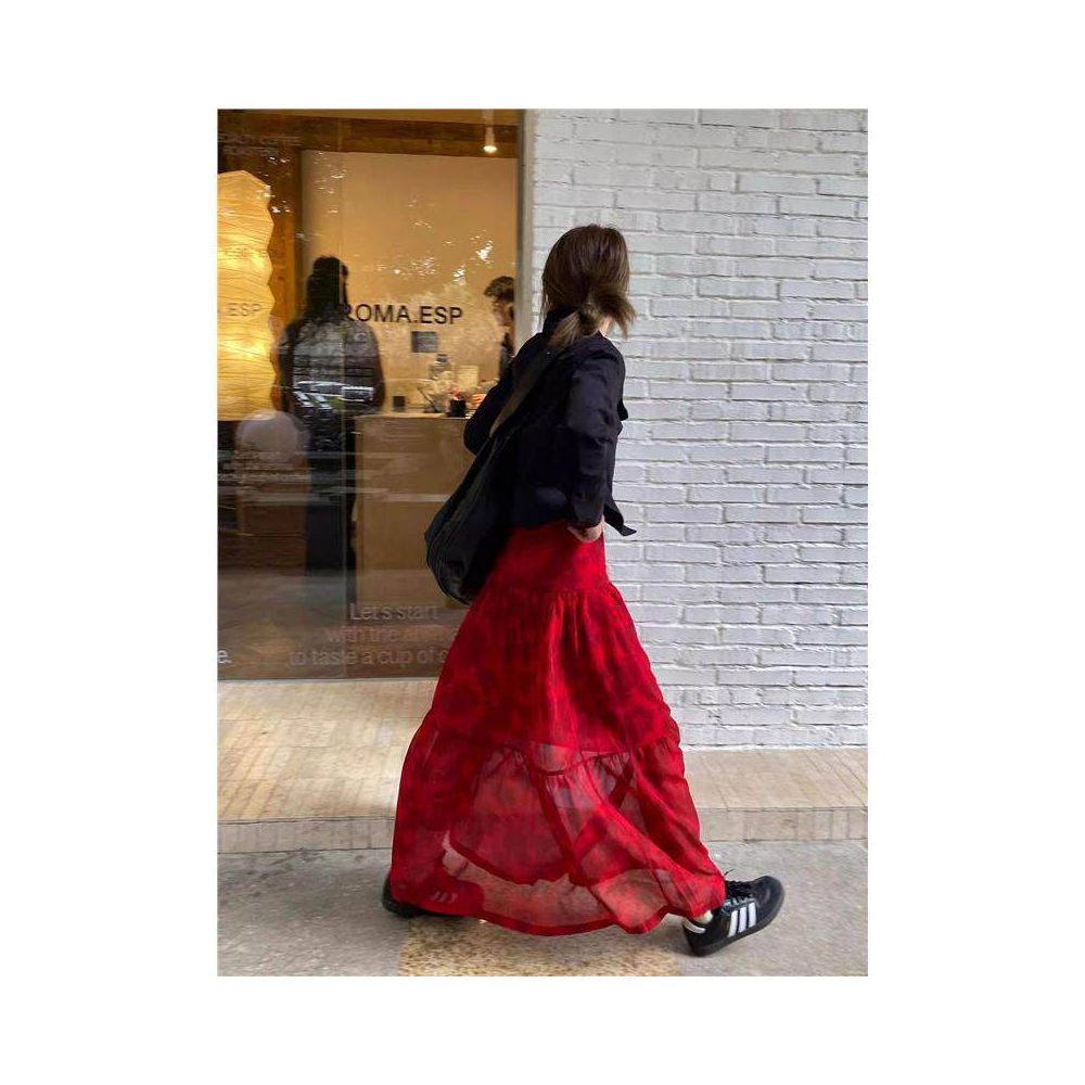 25L18 French Retro Red Printed Half length Skirt with Female Atmosphere High Waist Slightly Transparent Covering the Hips A line Splicing Cake Skirt image 0