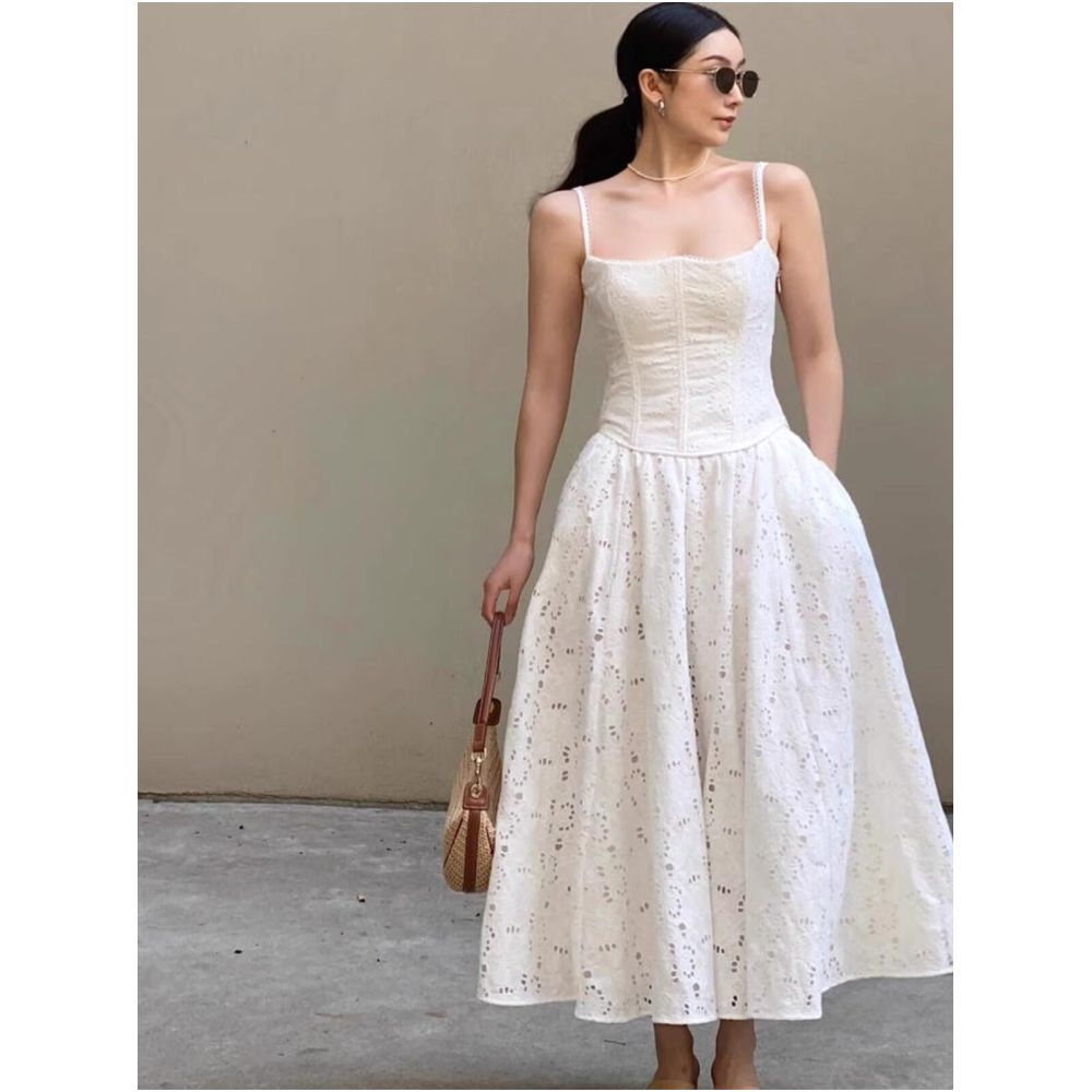 French style Rixo Kiss elegant white openwork sleeveless slip dress summer vacation fitted A line puff dress image 3