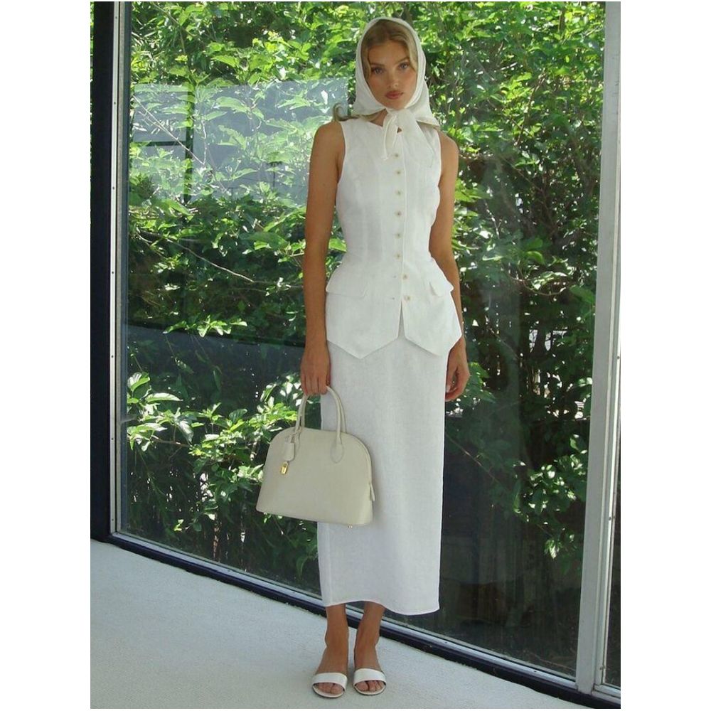 Elsa s same style linen round neck sleeveless fitted waist vest top and high waist skirt set in Instagram style image 0