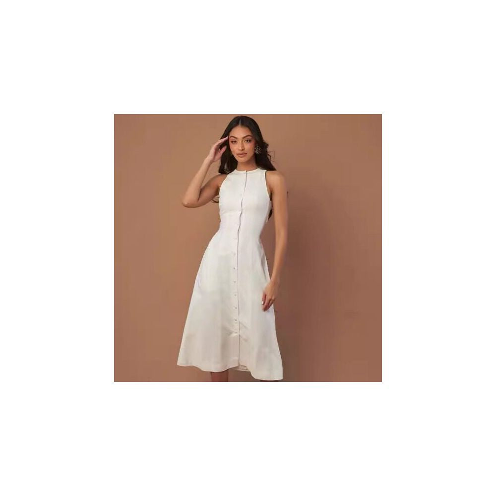 Dish niche design imported linen dress French retro single breasted A line lace up temperament waist cinching long skirt image 1