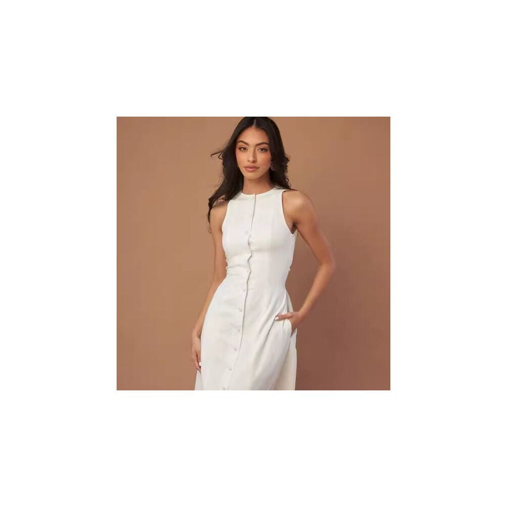 Dish niche design imported linen dress French retro single breasted A line lace up temperament waist cinching long skirt image 3