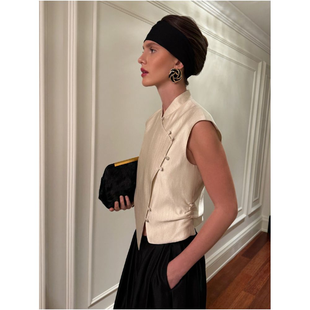 Eenkcos new Chinese style standing collar sleeveless buckle vest women s short style retro temperament fashionable side door forbidden top image 0