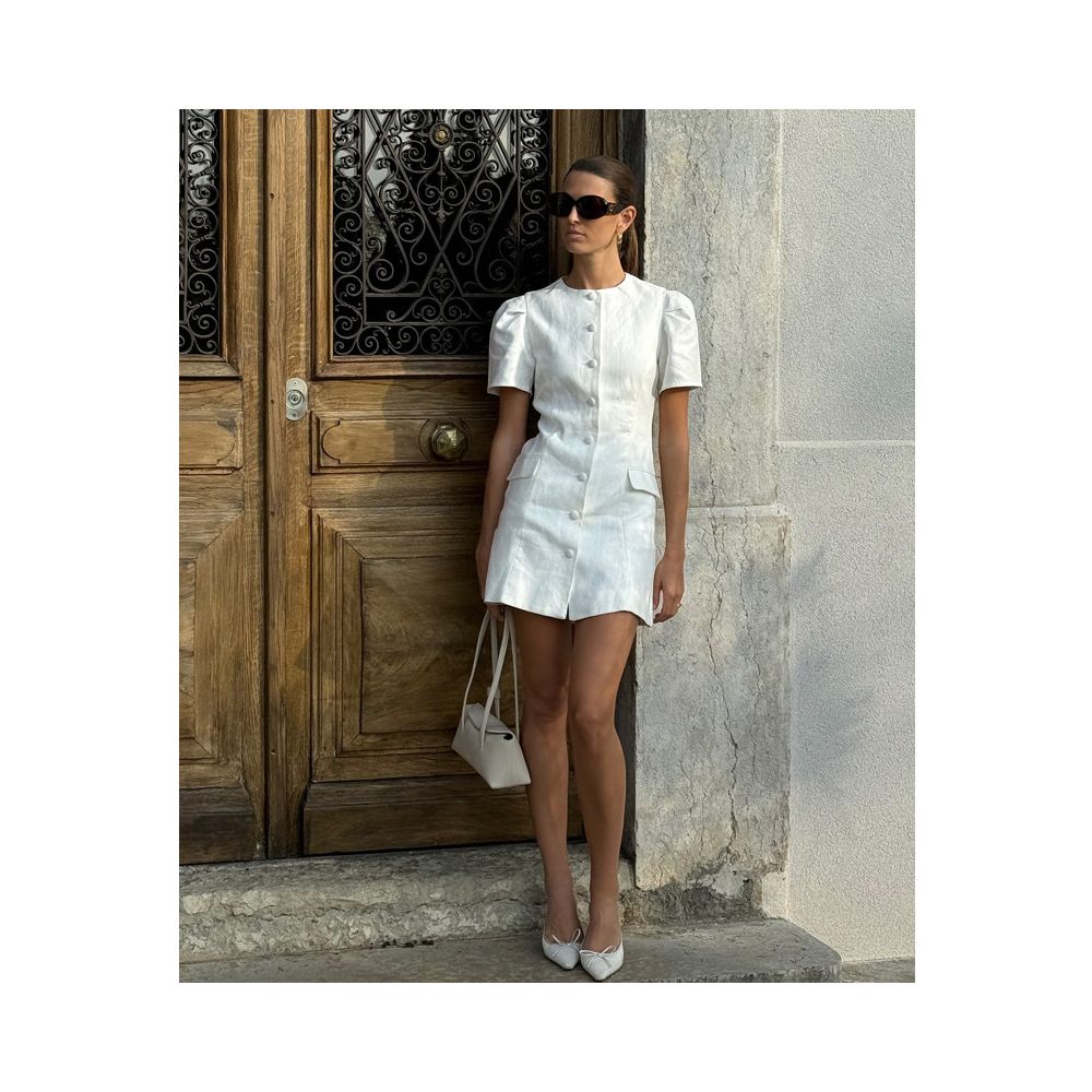 Eenkcos sophisticated old money style light luxury single breasted linen dress simple waist cinching niche white dress image 2
