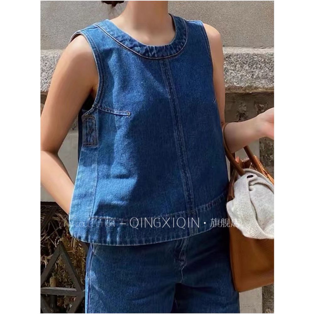 High quality shipping blue denim suit pants 25 summer new sleeveless top micro flared pants two piece set image 1