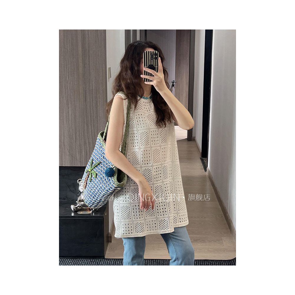 Ready to ship Qingxiqin French hollow knitted vest summer high end temperament slimming sleeveless vest long top image 2