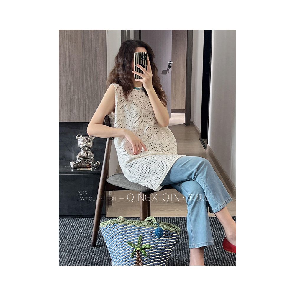 Ready to ship Qingxiqin French hollow knitted vest summer high end temperament slimming sleeveless vest long top image 3
