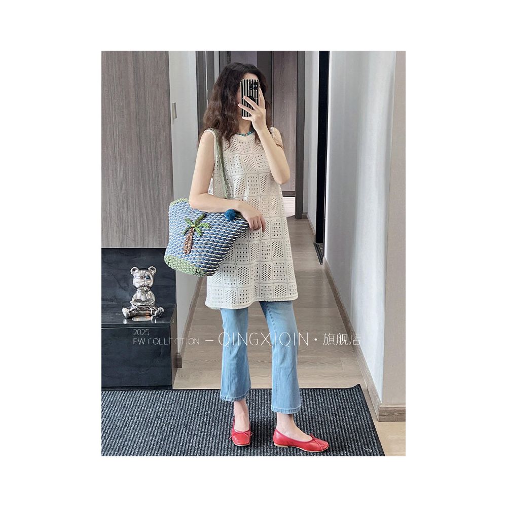 Ready to ship Qingxiqin French hollow knitted vest summer high end temperament slimming sleeveless vest long top image 4