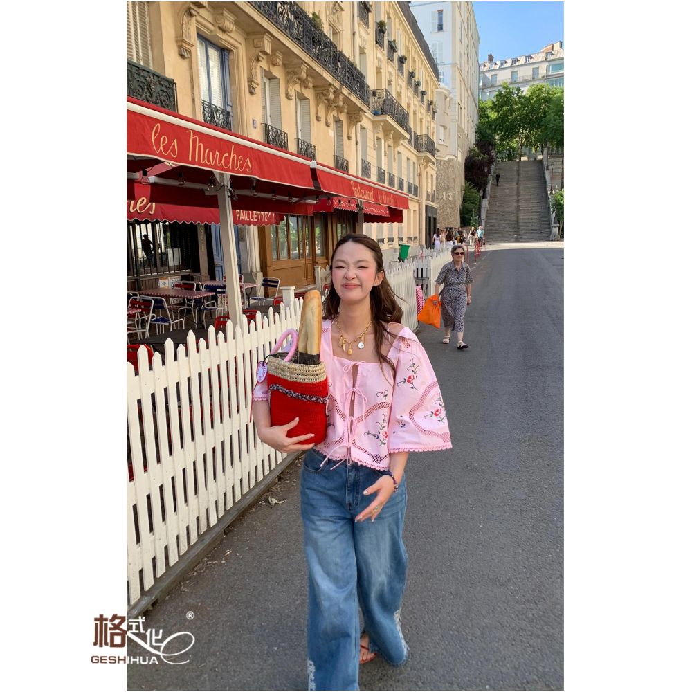 South French Holiday Heavy Industry Hollow Embroidery Lace up Small Top Pink Girl Relaxation Short Floral Holiday Shirt image 0