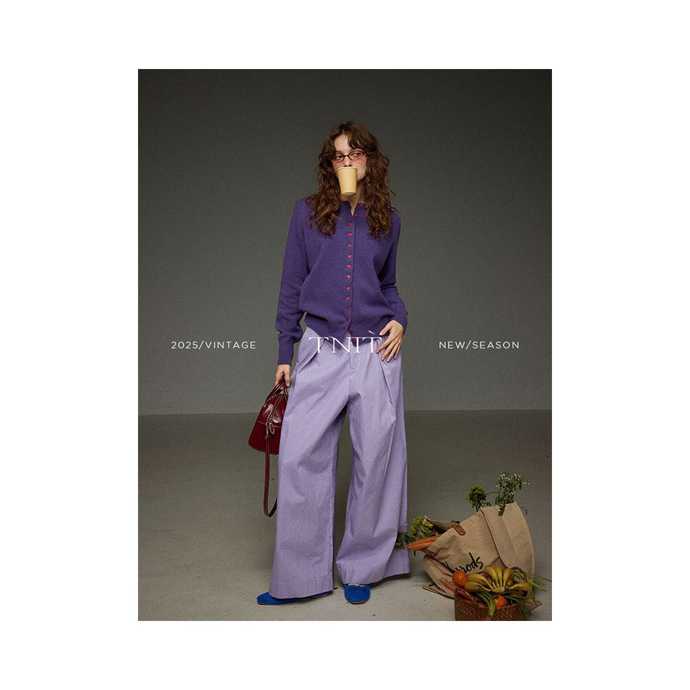 TNIT Retro Purple Single Row Red Button Knitted Cardigan Women s Autumn and Winter Soft Sticky Round Neck Design Sweater Top image 4