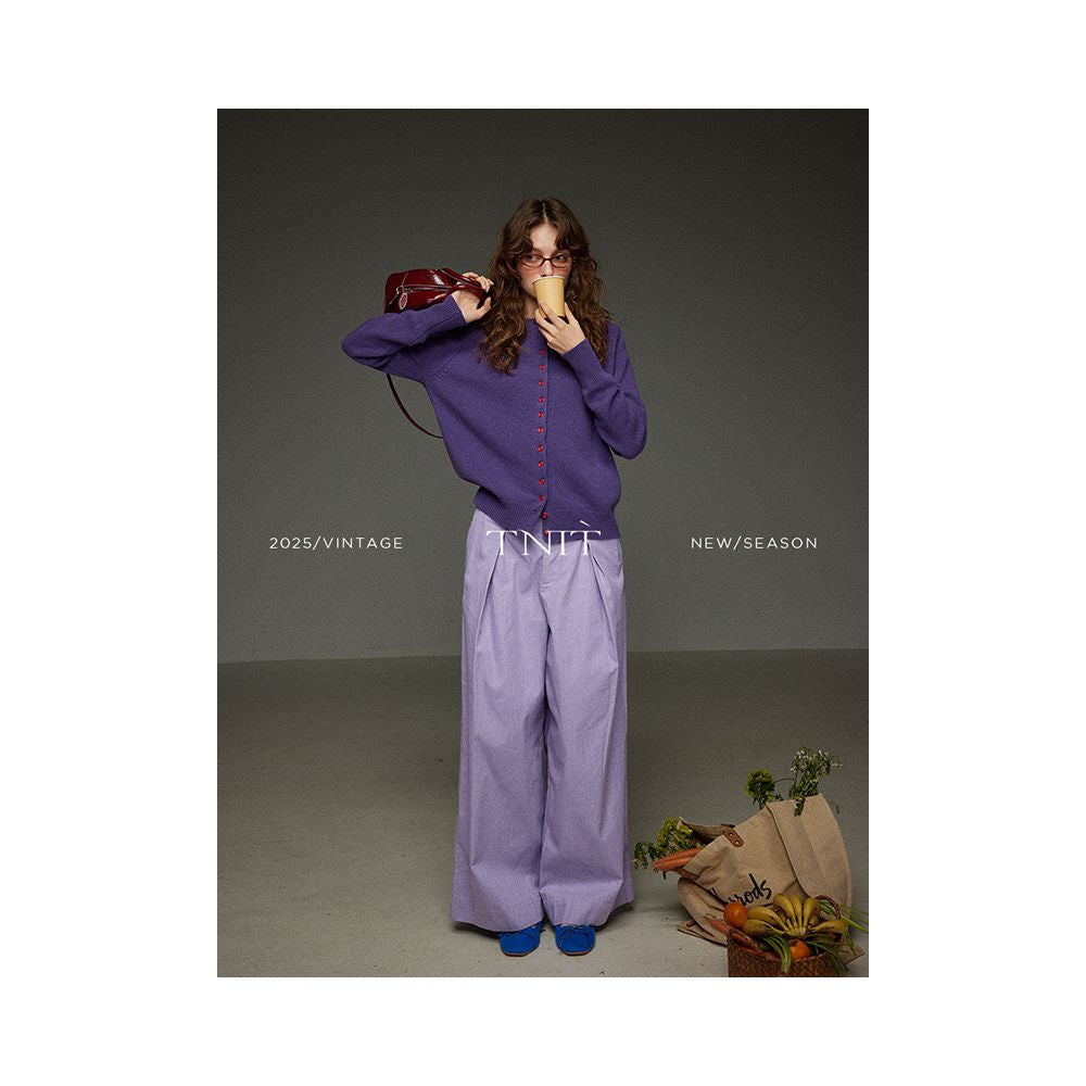 TNIT Retro Purple Single Row Red Button Knitted Cardigan Women s Autumn and Winter Soft Sticky Round Neck Design Sweater Top image 0