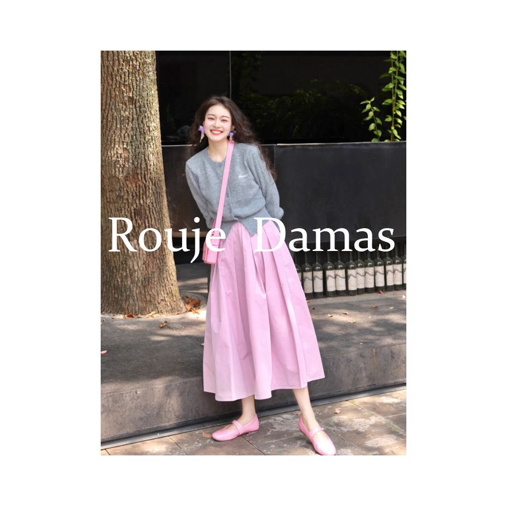 Rouje Damas pink high waist slimming pleated skirt with feminine temperament commuting mid length A line skirt umbrella skirt image 1