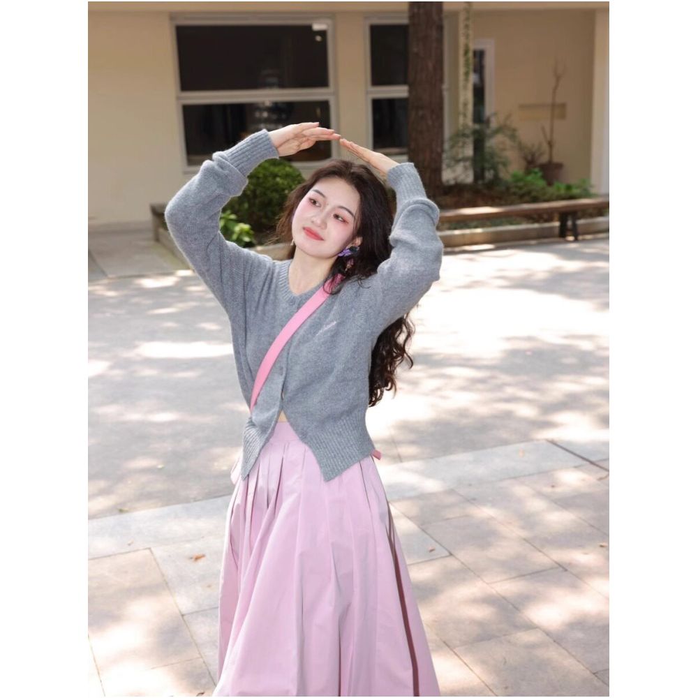 Rouje Damas pink high waist slimming pleated skirt with feminine temperament commuting mid length A line skirt umbrella skirt image 4