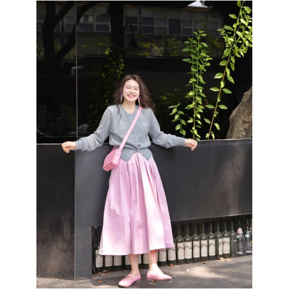 Rouje Damas pink high waist slimming pleated skirt with feminine temperament commuting mid length A line skirt umbrella skirt image 5