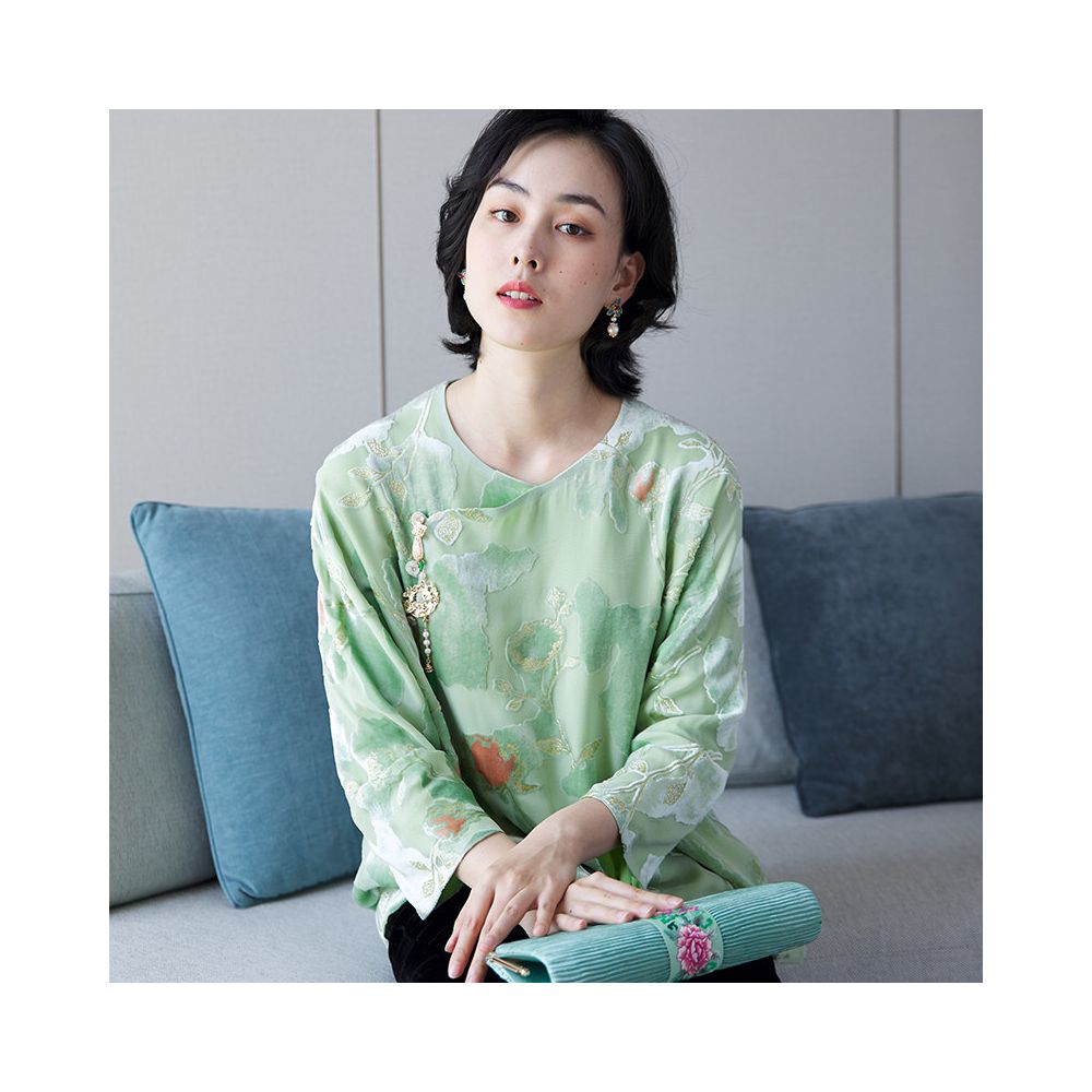 Zhendian Baby PCY697 Chinese style velvet cheongsam top with slanted placket retro artistic Chinese women s clothing spring summer autumn image 4