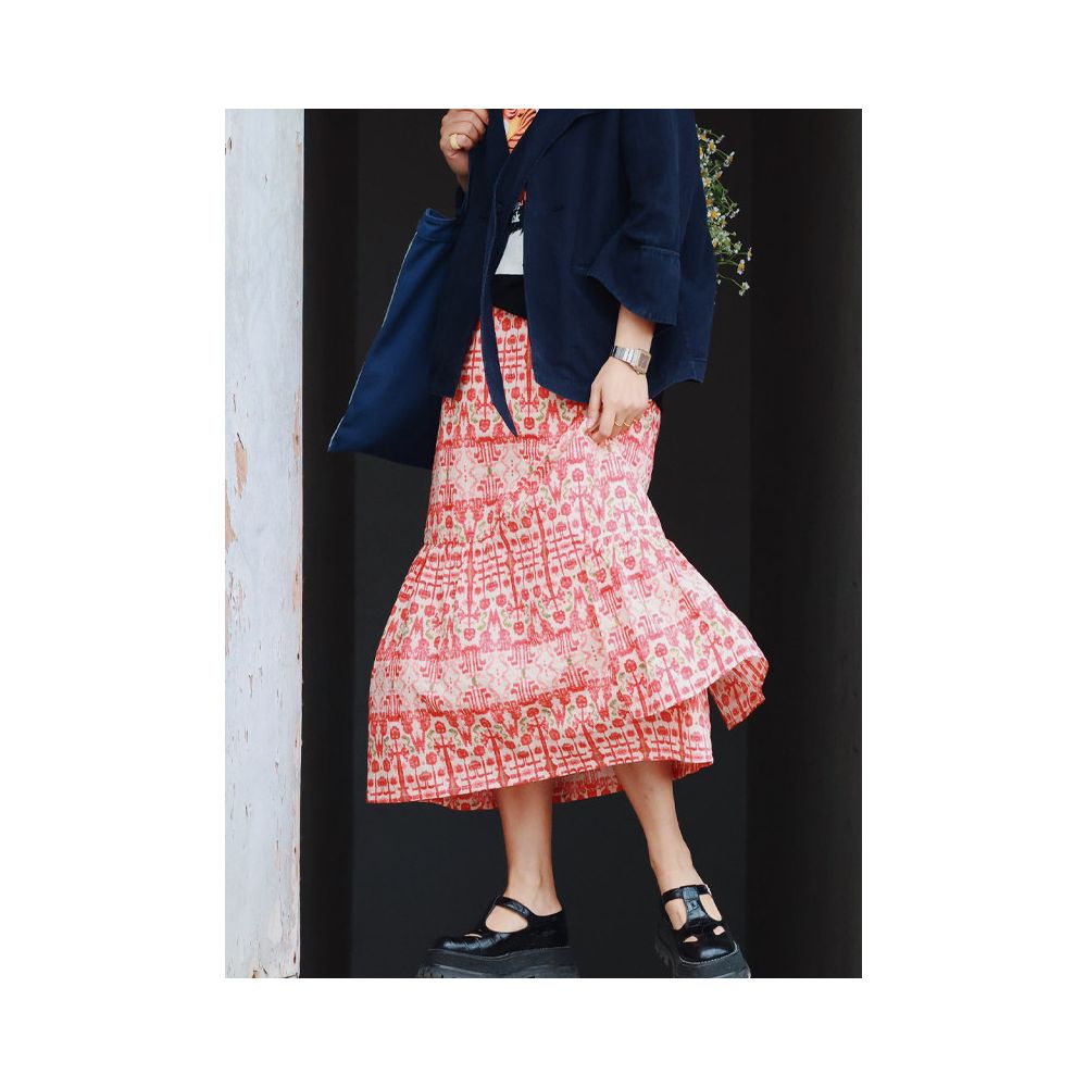 Ju Family s Original 22 Style Pure Cotton Red Tie Dye Print Elastic Midi Skirt Human World Spring image 0