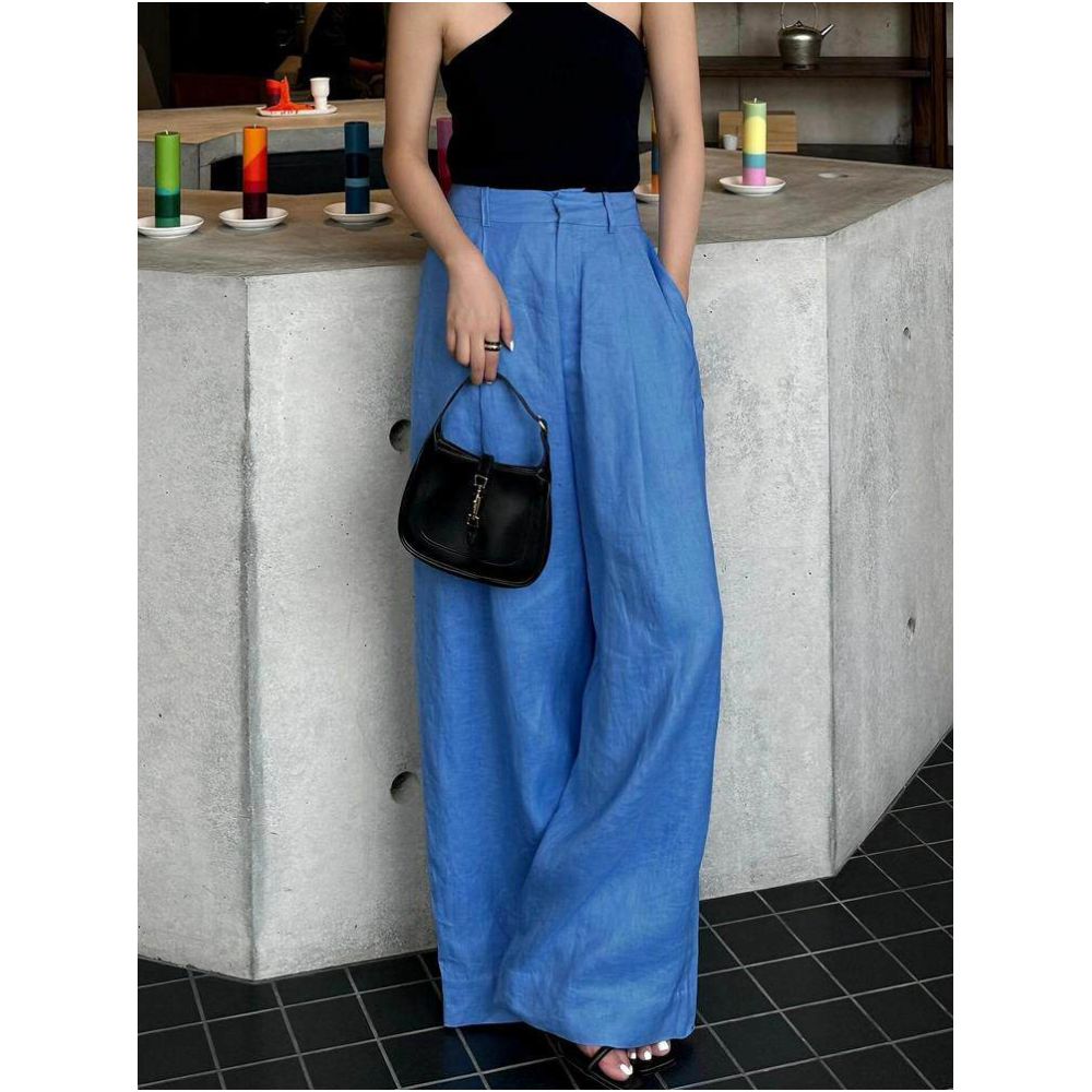 Clearing the warehouse and picking up leaks Cow X cargo lazy style loose hanging feeling blue high end feeling Tencel linen wide leg pants for women image 3
