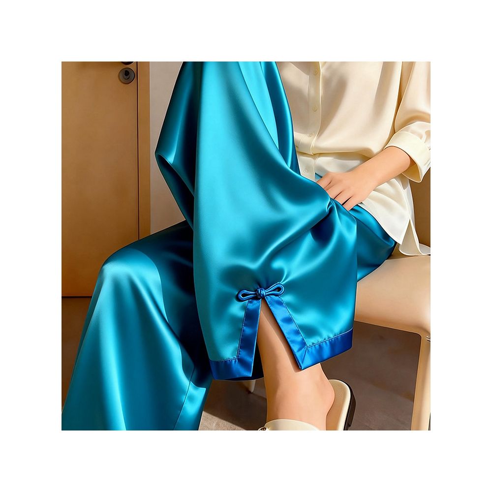 Shopping mall cabinet withdrawal 2026 spring new fashionable casual lazy lake blue acetate satin plate buckle open leg wide leg pants image 4