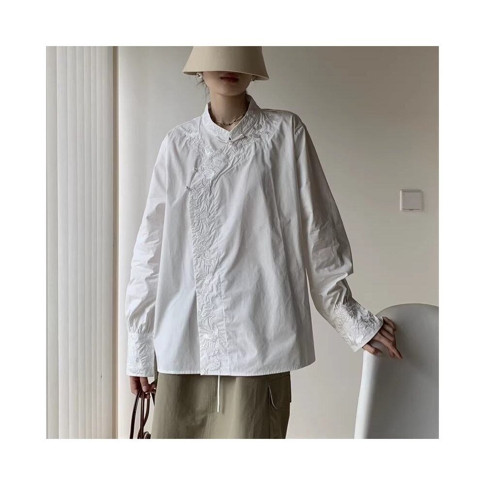 Ao Kiss 2026 Spring New Chinese style stand up collar button heavy embroidery flower shirt Chinese style high end pearl button top image 5
