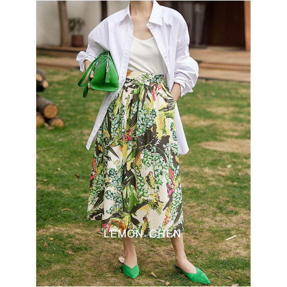 LemonChen Spring Shining Furious Promotion Green Jungle Printed High Count Cotton Comfortable and Elegant Medium length Umbrella Skirt Half Skirt image 2