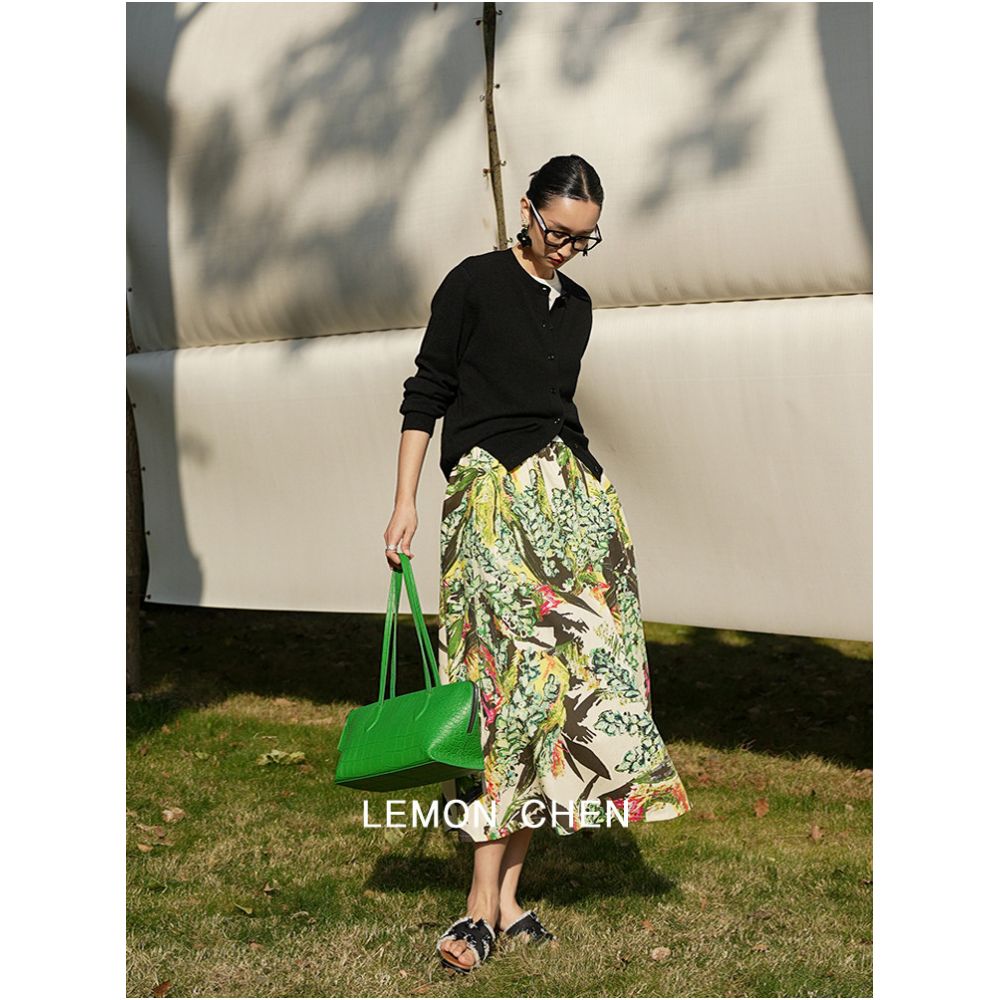 LemonChen Spring Shining Furious Promotion Green Jungle Printed High Count Cotton Comfortable and Elegant Medium length Umbrella Skirt Half Skirt image 4